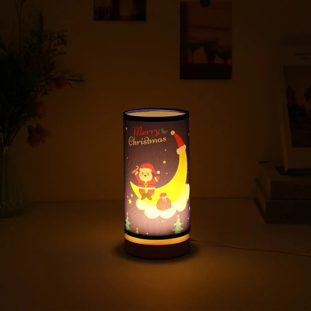 Moon Santa Claus shaped LED night light with a USB cable and bamboo lamp holder base.