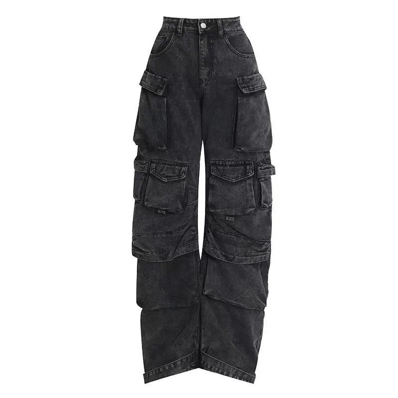 Women's blue tie-dyed wide-leg high-waist jeans with multiple pockets on a mannequin.