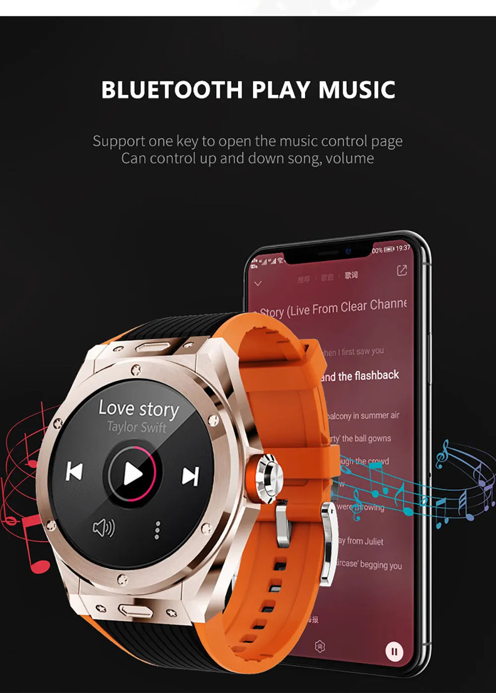 MV58 black smart watch with silicone strap showing Bluetooth calling and health monitoring screen