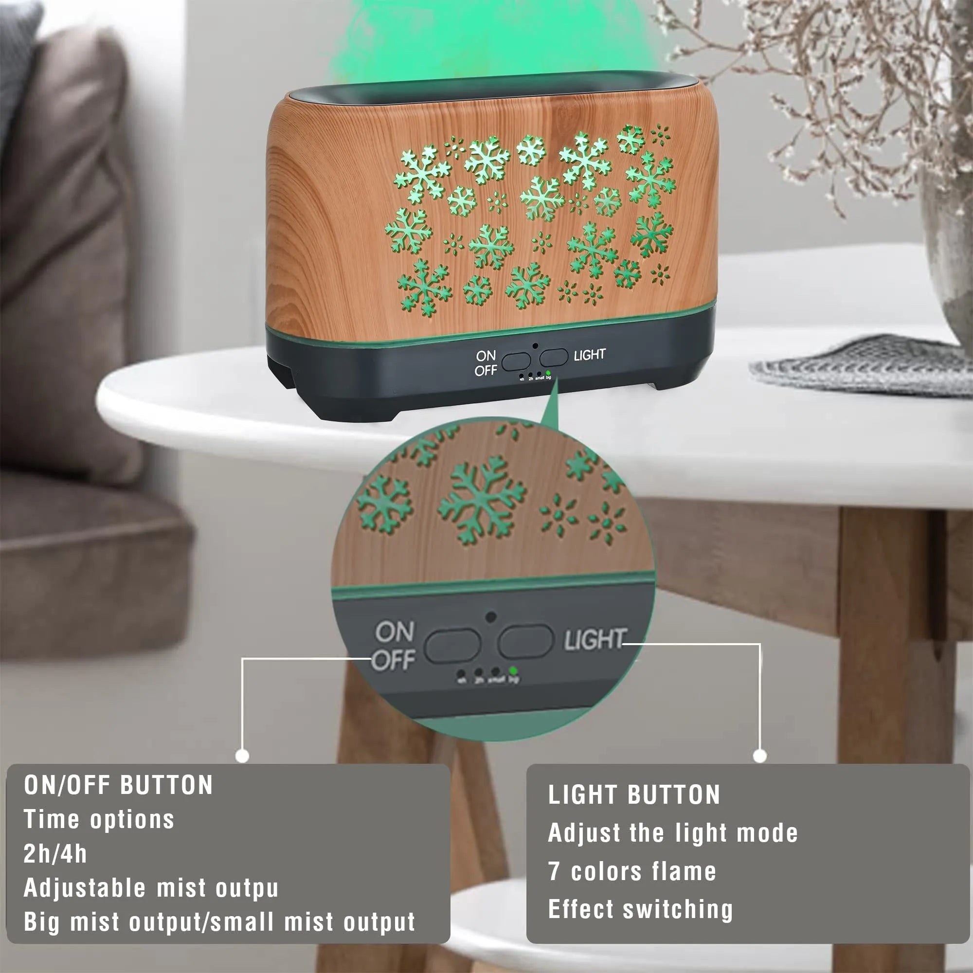 Square desktop humidifier with snowflake wood grain pattern and colourful flame effect illumination