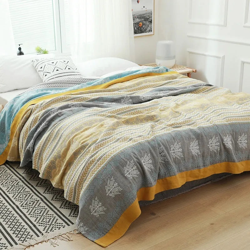 Five-layer gauze cotton bed sheet blanket with Roulette Wheel Blue pattern for autumn winter use