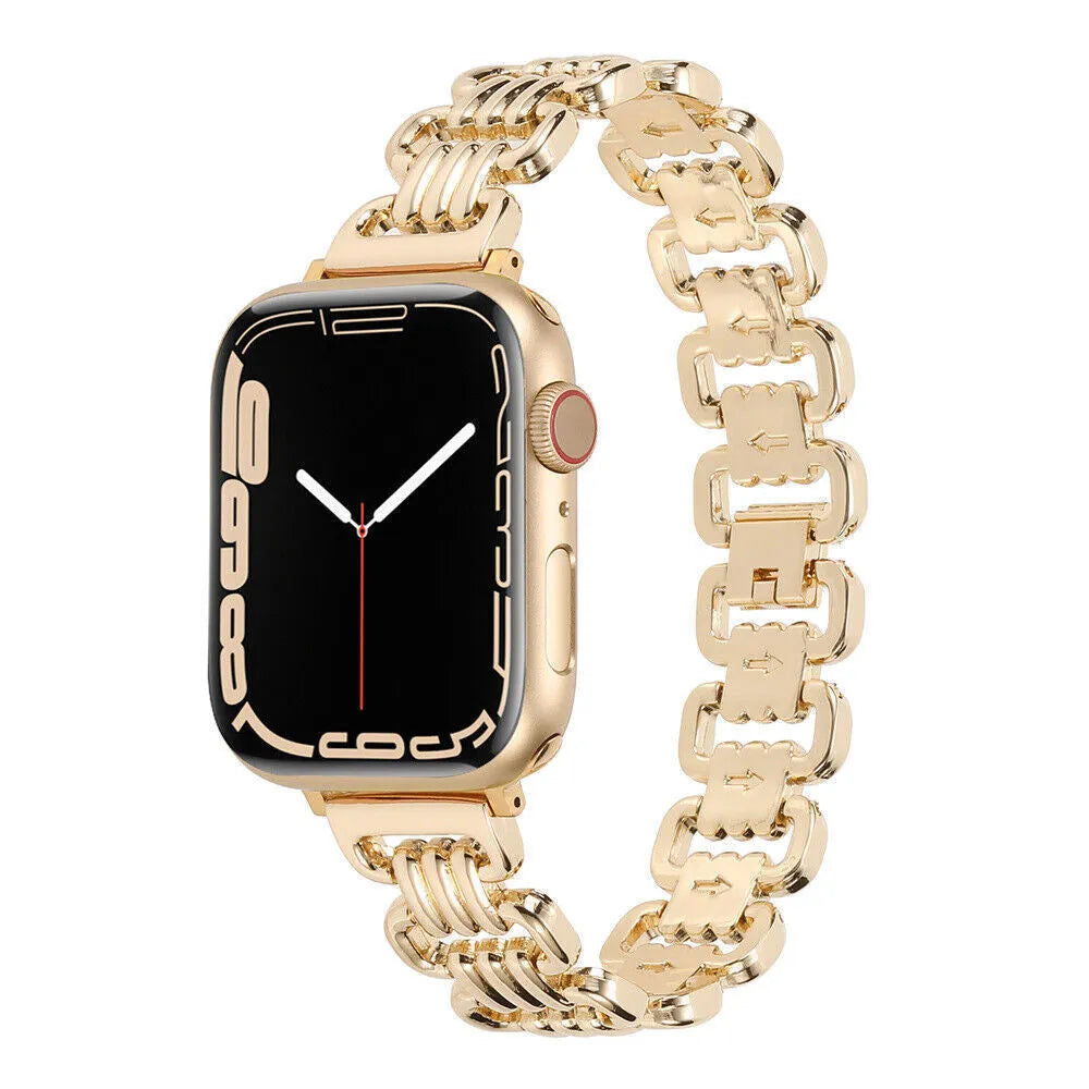 Alloy metal ladies watch bracelet for Apple Watch in silver, black, gold, rose gold, and Starlight colours.