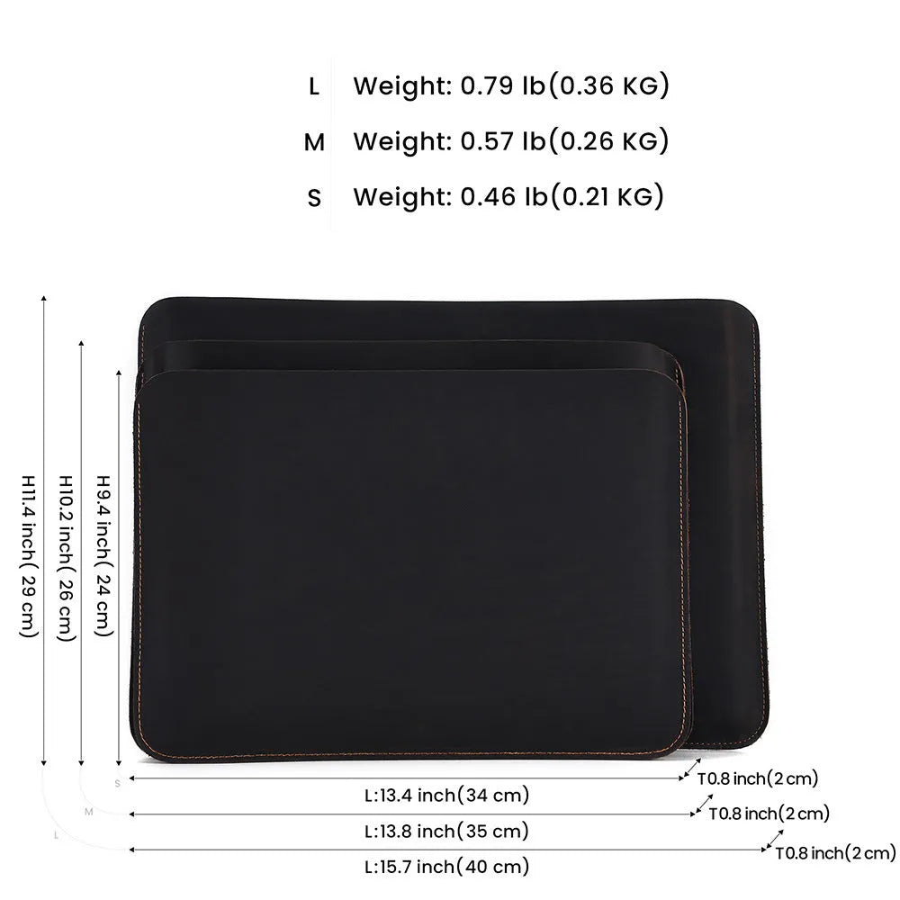 Brown genuine crazy horse leather computer bag with lined interior shown in medium and large sizes