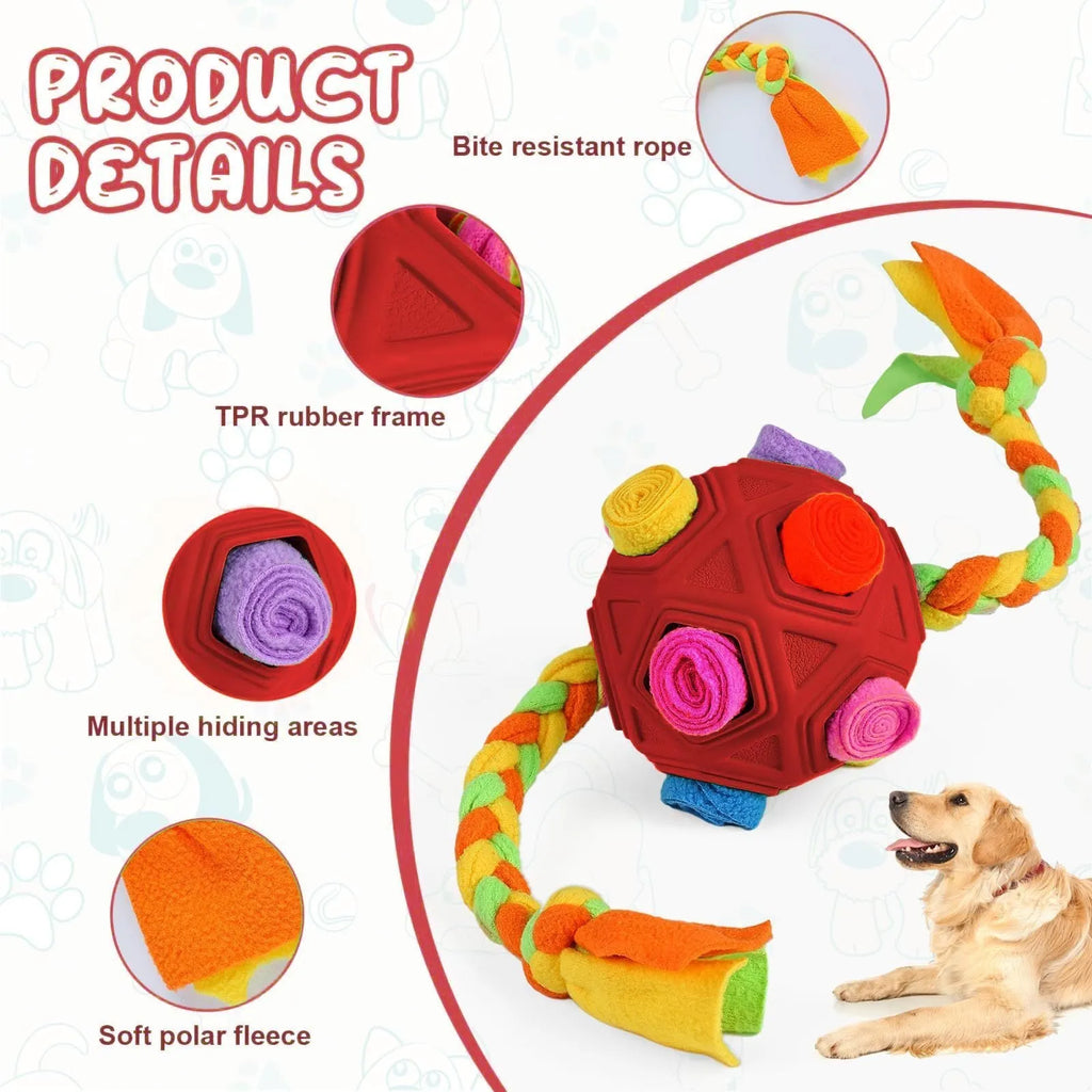 Pet Sniffing Ball dog puzzle toy in blue, green, orange, pink, purple, red, redgreen, or yellow colours