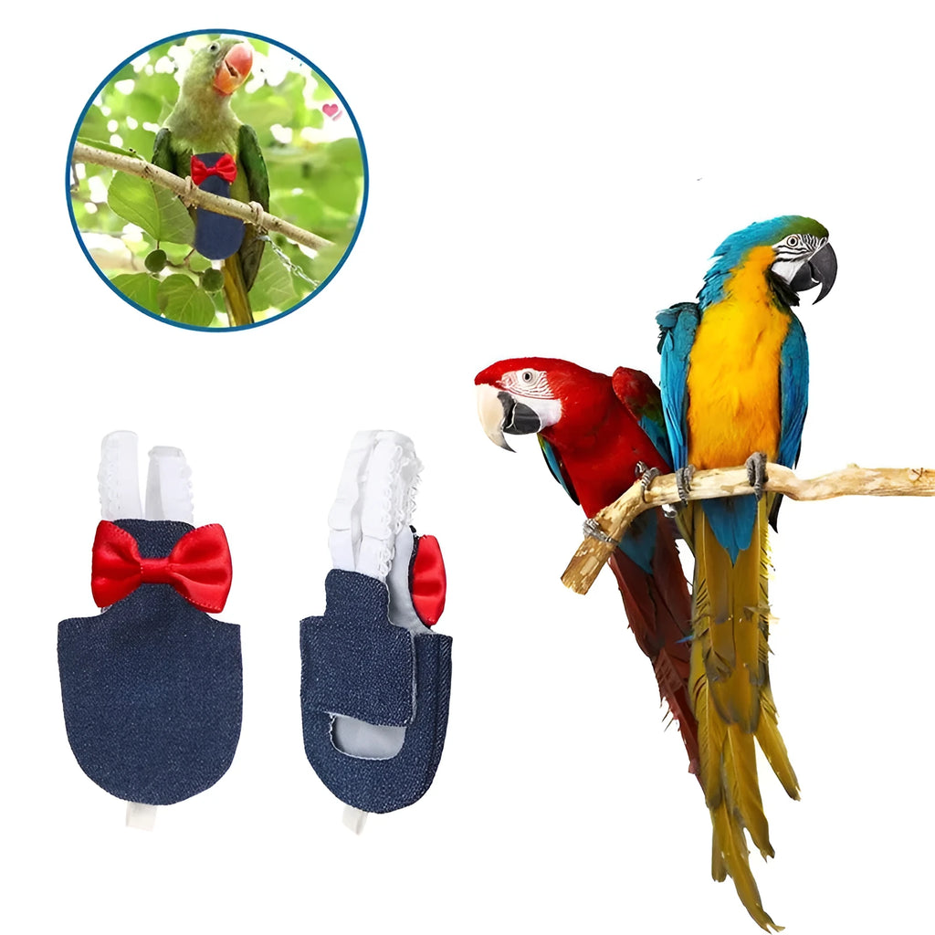 Parrot baby diaper bird clothing in denim, black and white plaid, and rose red, sizes XS to XL, rattan cotton with metal accessories