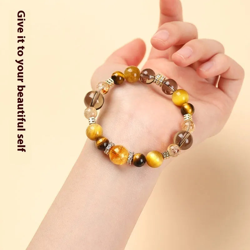 Geometric crystal bracelet with natural yellow tower and tiger-eye elements for unisex office fashion wear