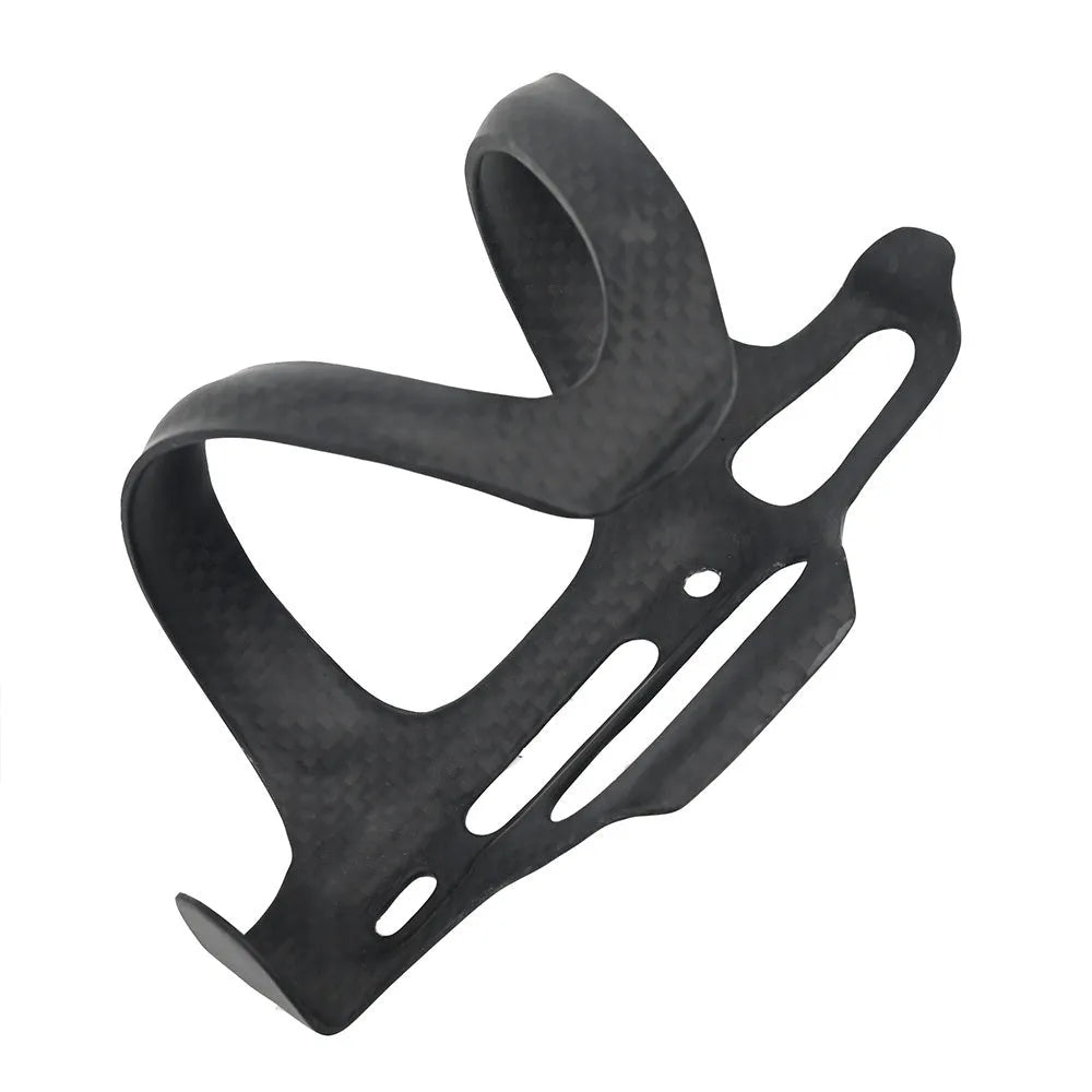 Black carbon fibre side-pull bicycle water bottle cage mounted on a bike frame.