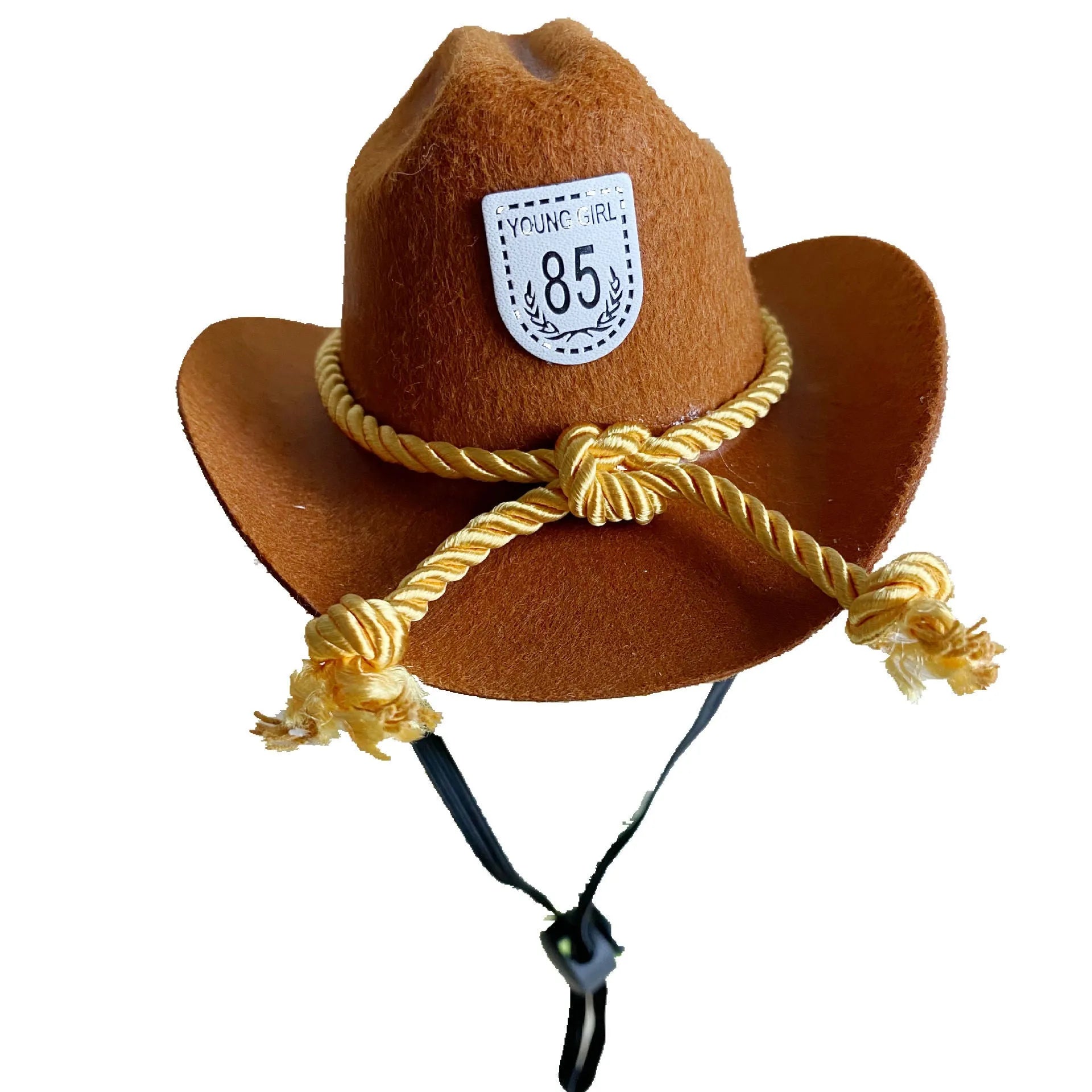 XINGX brown and black British-style cowboy hat for cats on a mannequin head.