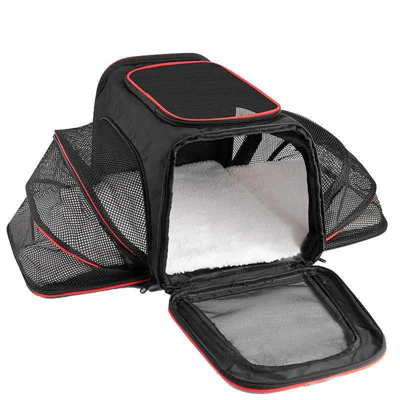 Cat carrier bag made from 600D cation fabric in small and large sizes with multiple colour trim options