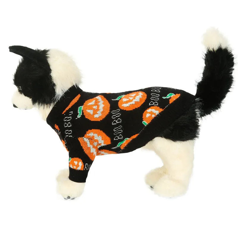 Black Halloween dog sweater with orange pumpkin pattern shown on pet model