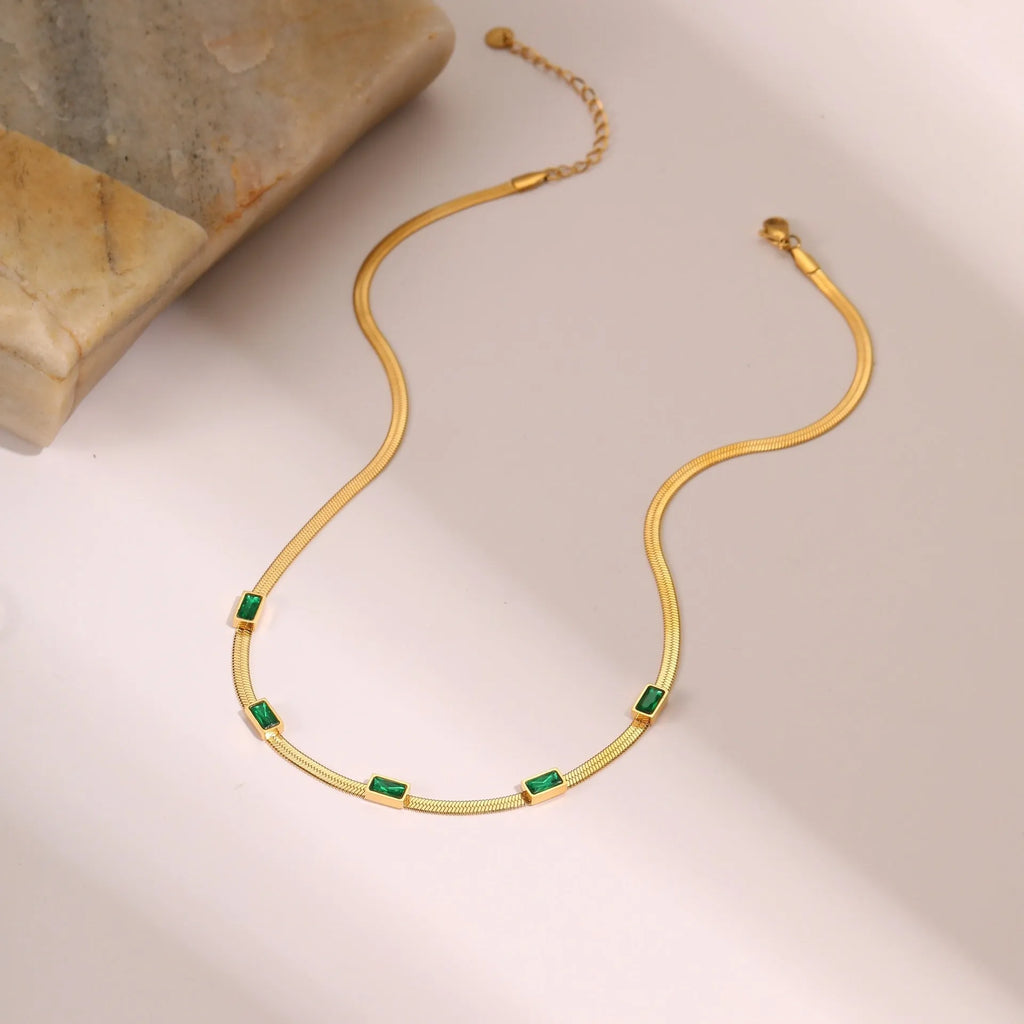 Retro geometric square zircon necklace on stainless steel chain with gold plating
