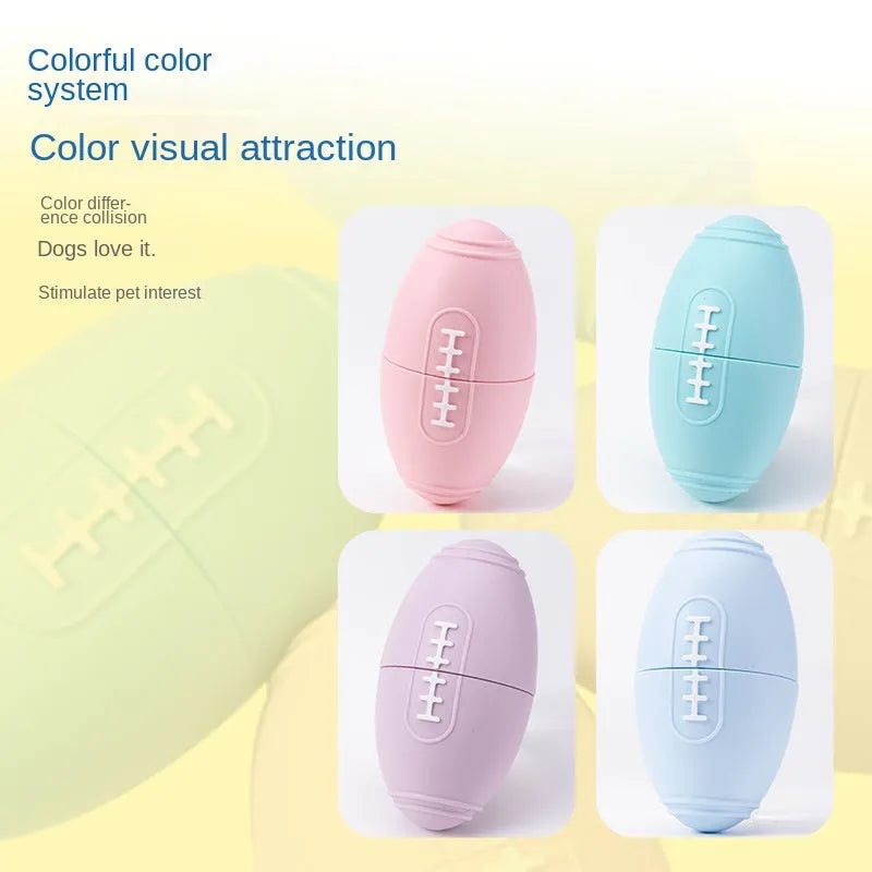 Silicone rugby-shaped dog toy with food leak hole, available in blue, light blue, pink, and purple.
