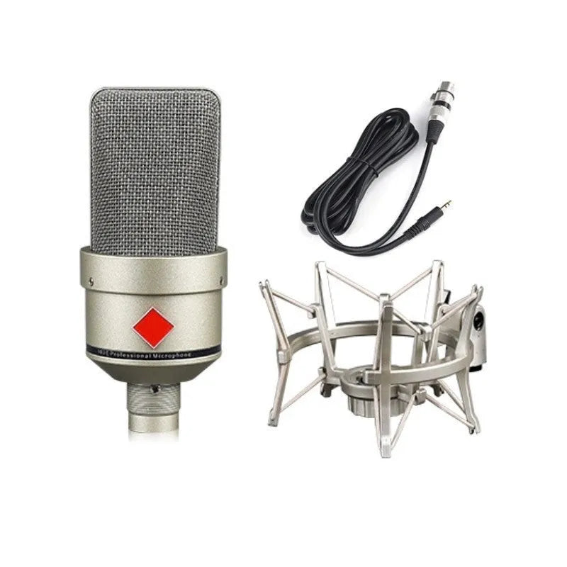 Wired condenser microphone in champagne gold colour with included stand and cable for recording