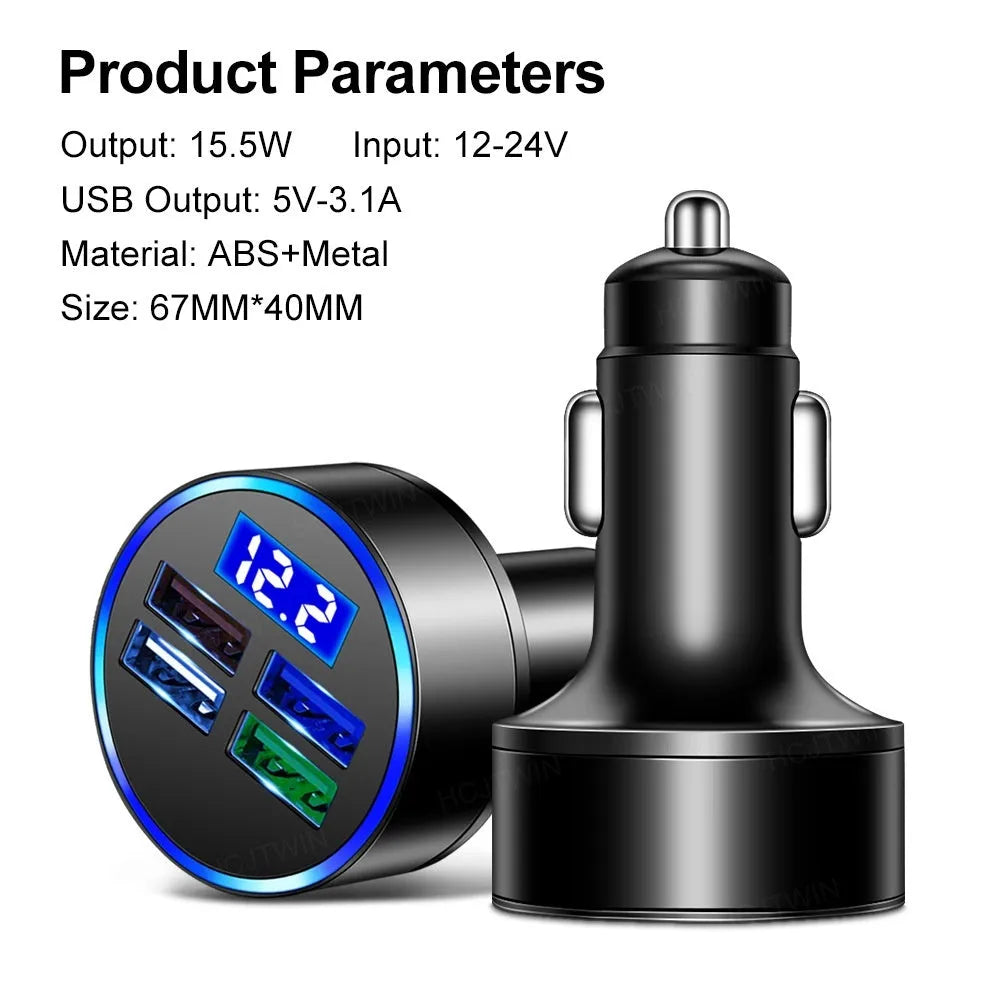 Black four-port USB car charger for vehicle cigarette lighter sockets