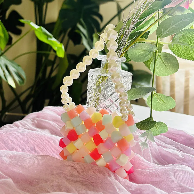 Imitation pearl geometric pattern mini crossbody handbag for women in various floral and heart styles.