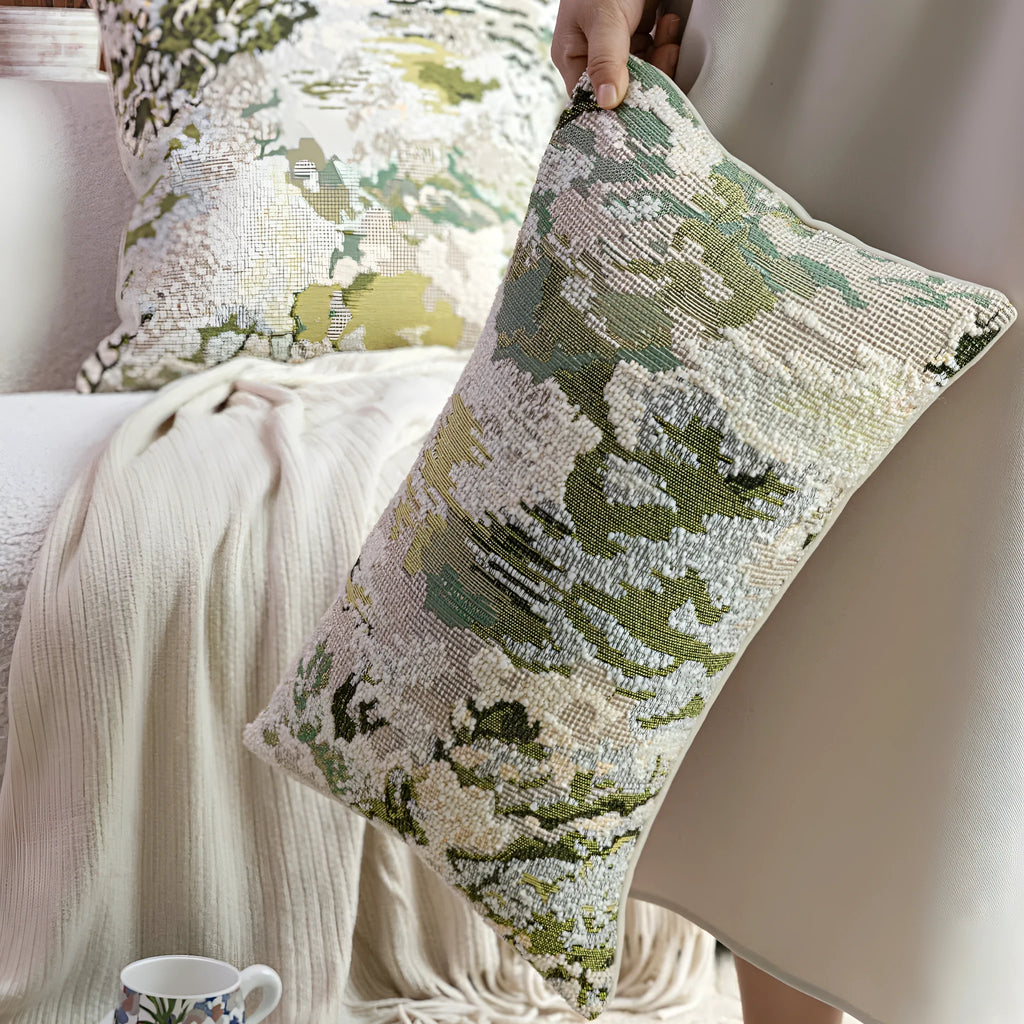 Antique green wool blended pillow with abstract spring flower pattern in French Chinese style
