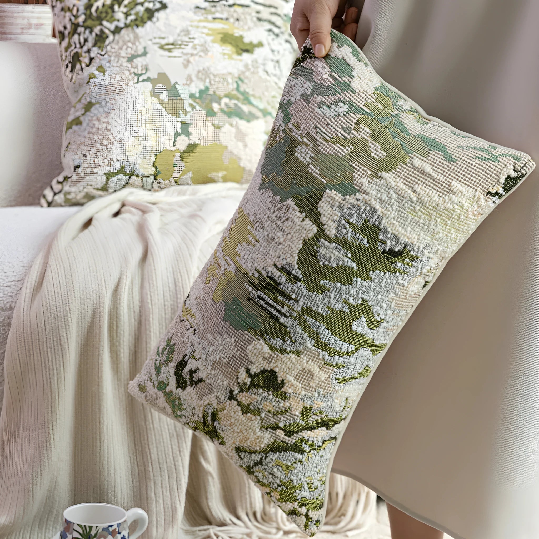 Antique green wool blended pillow with abstract spring flower pattern in French Chinese style