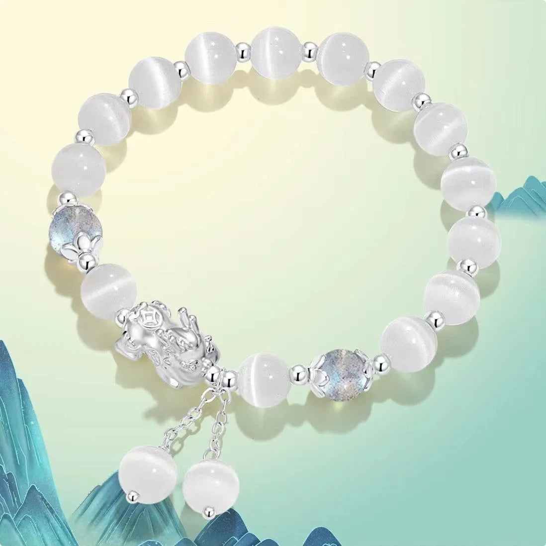 Natural black agate and grey opal couple bracelet set with 10mm wave beads and money painting elements