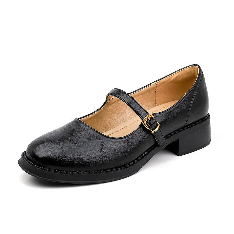 Thick-soled black low top extra height leather shoes for women with mid heel and round toe