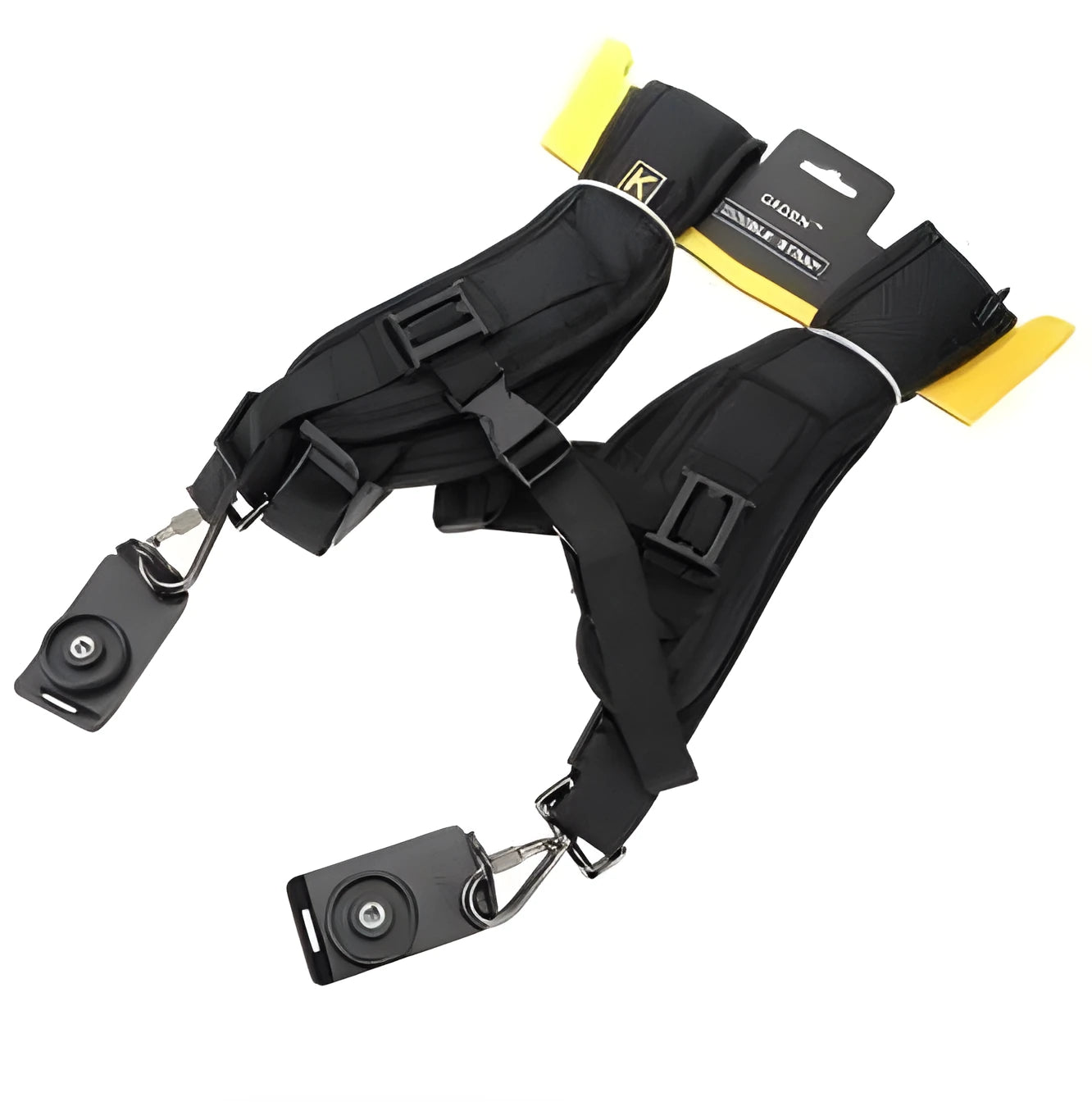 Black professional dual SLR camera strap made of diving fabric nylon with ergonomic shoulder pads for two cameras