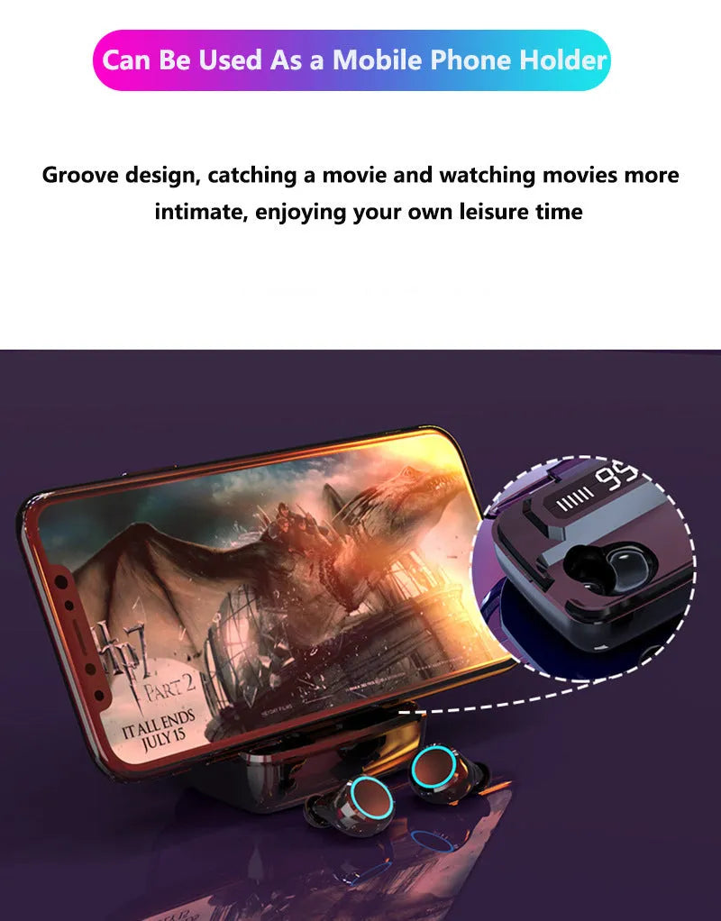 Black M11 style Bluetooth wireless in-ear headphones with a charging case showing a digital power display.