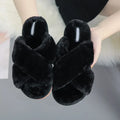 Cross open-toe fur slippers in various colours on a patterned non-slip sole.