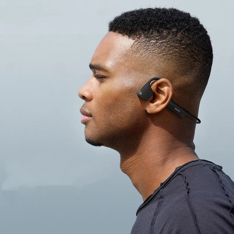 Black stereo waterproof wireless running headphones with Bluetooth 5.0 and hanging ear design