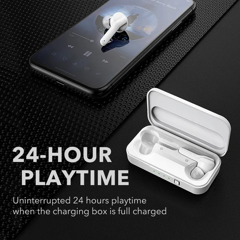 Black and white TWS wireless earbuds with Bluetooth 5.0 connectivity