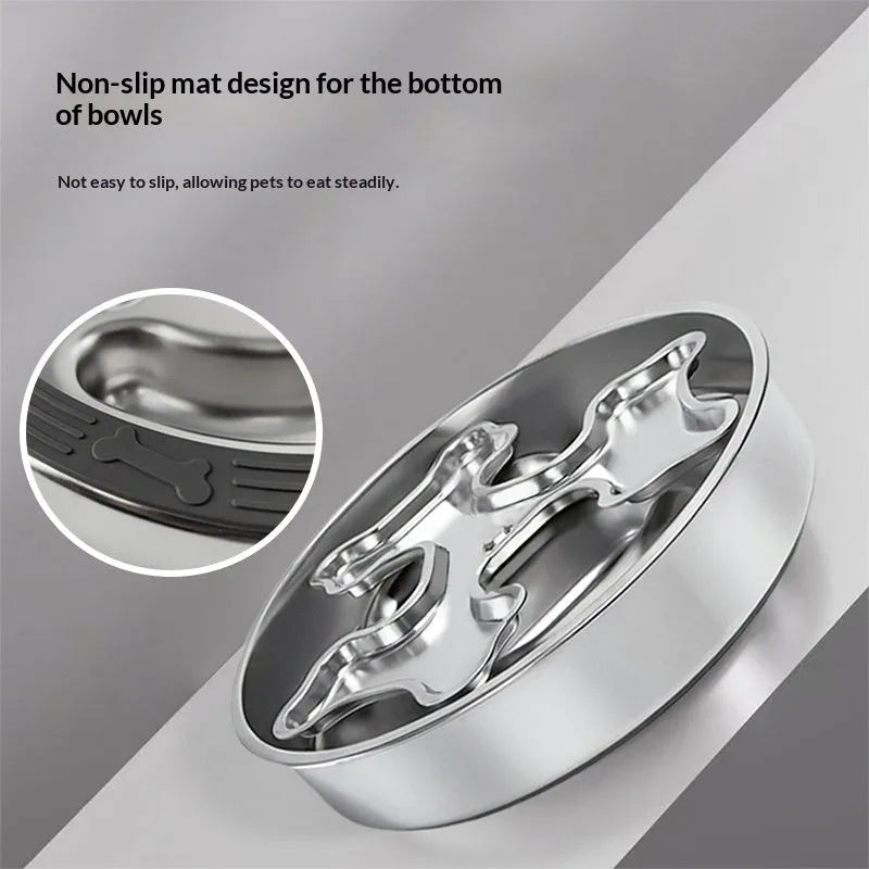 304 stainless steel rotating slow-feeding pet bowl with bone design for dogs and cats