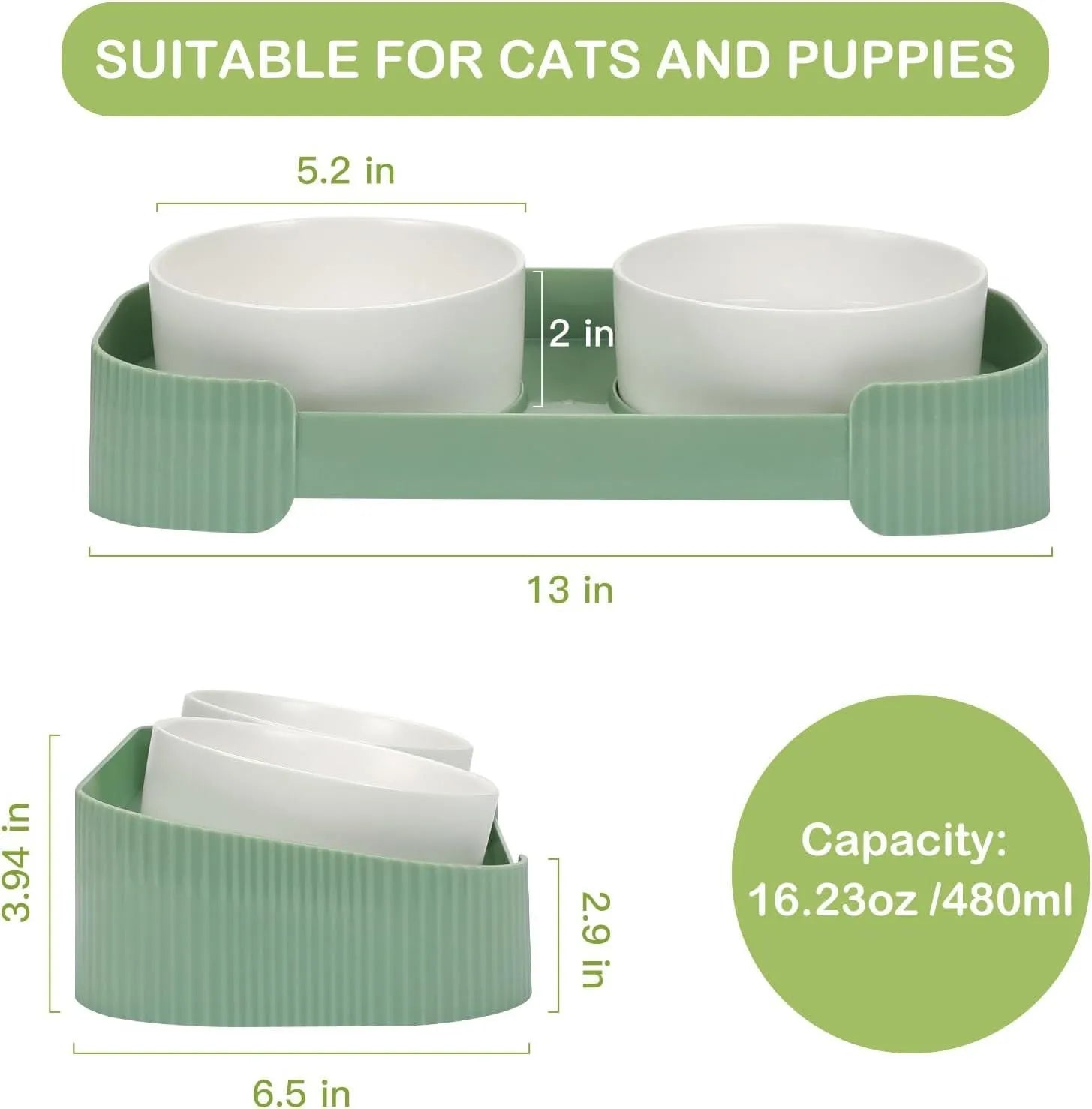 Green ceramic elevated cat bowl set with two bowls on a tilted stand.