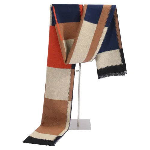 Buddha pattern imitation cashmere scarf in camel, 180x30cm with tassels, warp knit jacquard design
