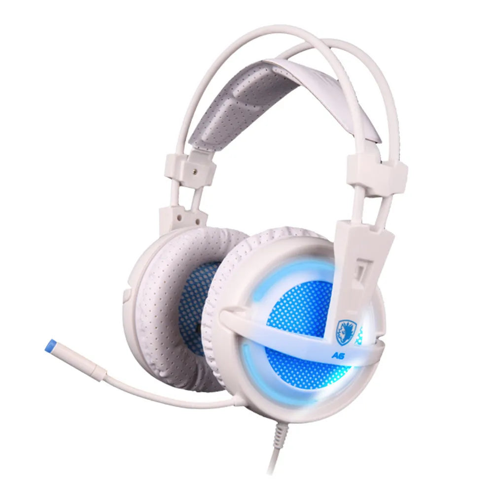 Black and white 7.1 channel USB gaming headset with LED lights, removable microphone, and padded headband