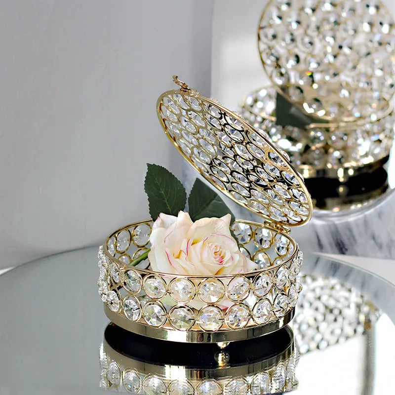 French gold metal jewellery box with transparent crystal glass panels showing jewellery inside