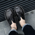 Genuine leather men's loafers casual slip on shoes plus size black
