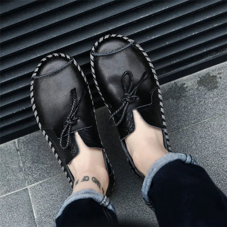 Genuine leather men's loafers casual slip on shoes plus size black
