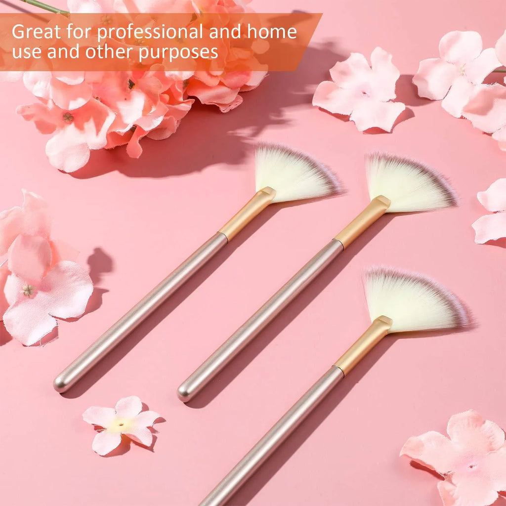 Ten professional champagne-coloured facial fan brushes with acrylic handles and protective covers.