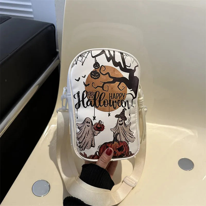 Halloween graffiti print crossbody bag with cartoon pumpkin, ghost and bat designs