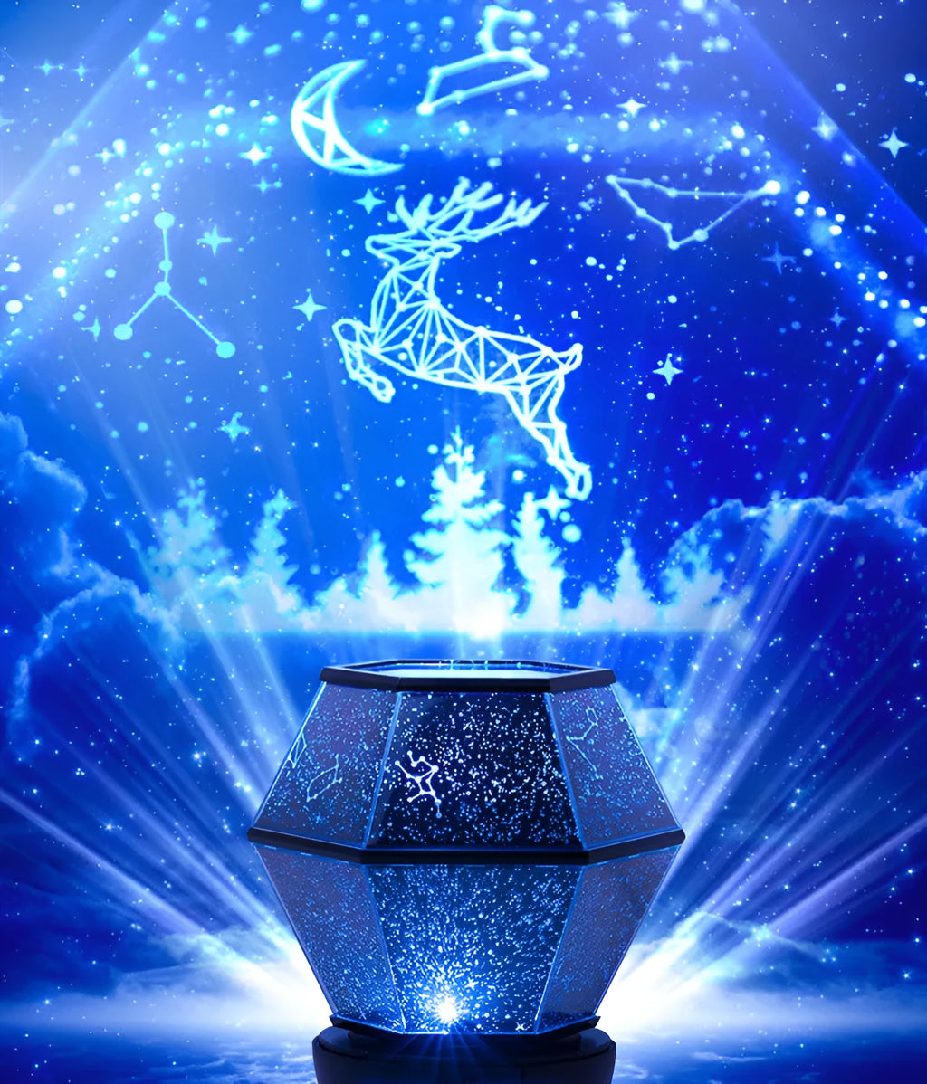 Children's rotating star projector night light projecting blue and green starlight onto a bedroom wall.
