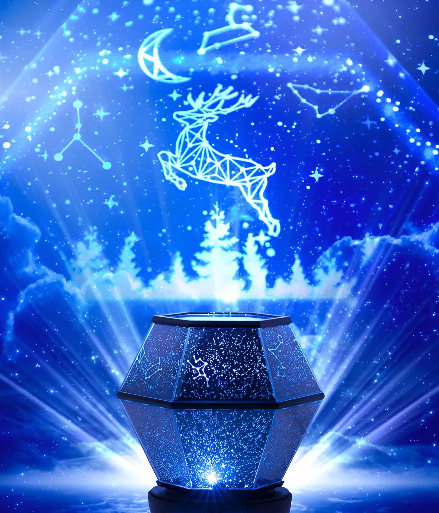 Children's rotating star projector night light projecting blue and green starlight onto a bedroom wall.