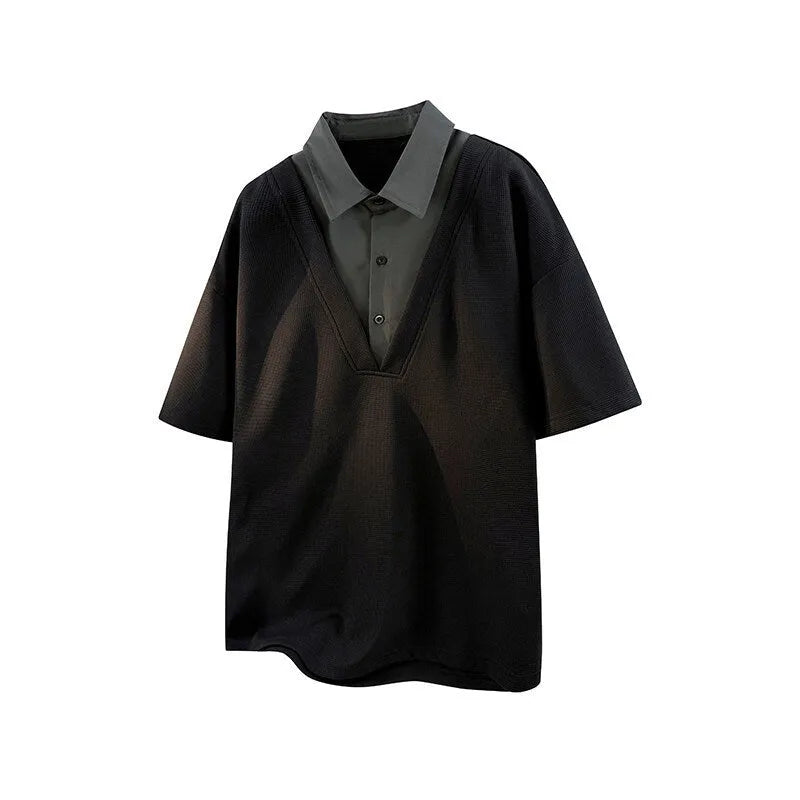 Men's black padded polo shirt sweater with a heavy Henry collar and short sleeves