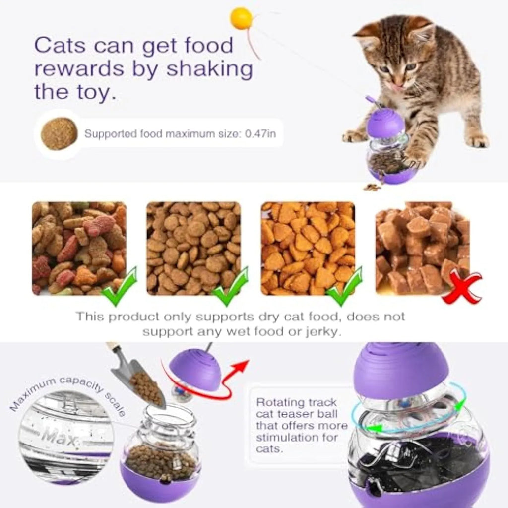 Green and purple interactive cat wand toy with a ribbon, ball, and slow feeder bowl on a stable rocking base.