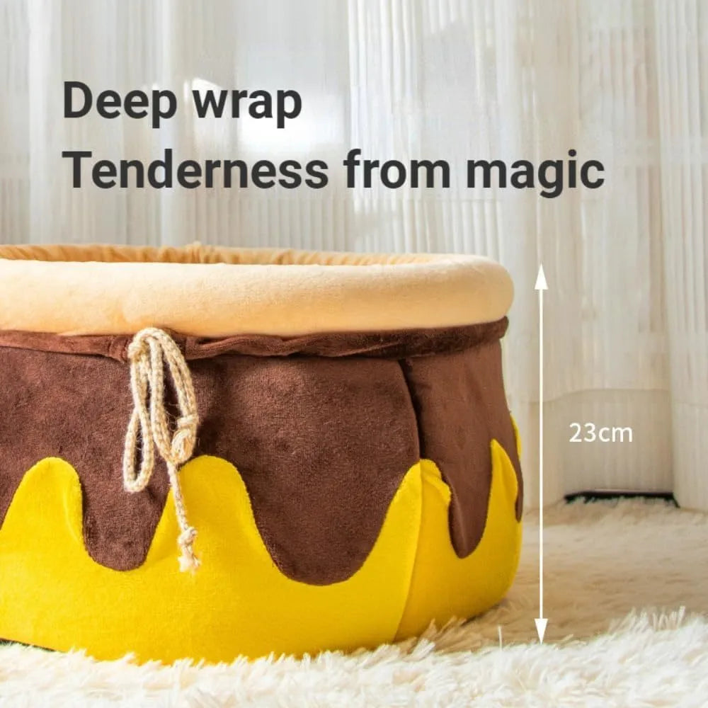Honey pot shaped cat sofa bed with magic wand design in soft fabric, showing removable nest pad.
