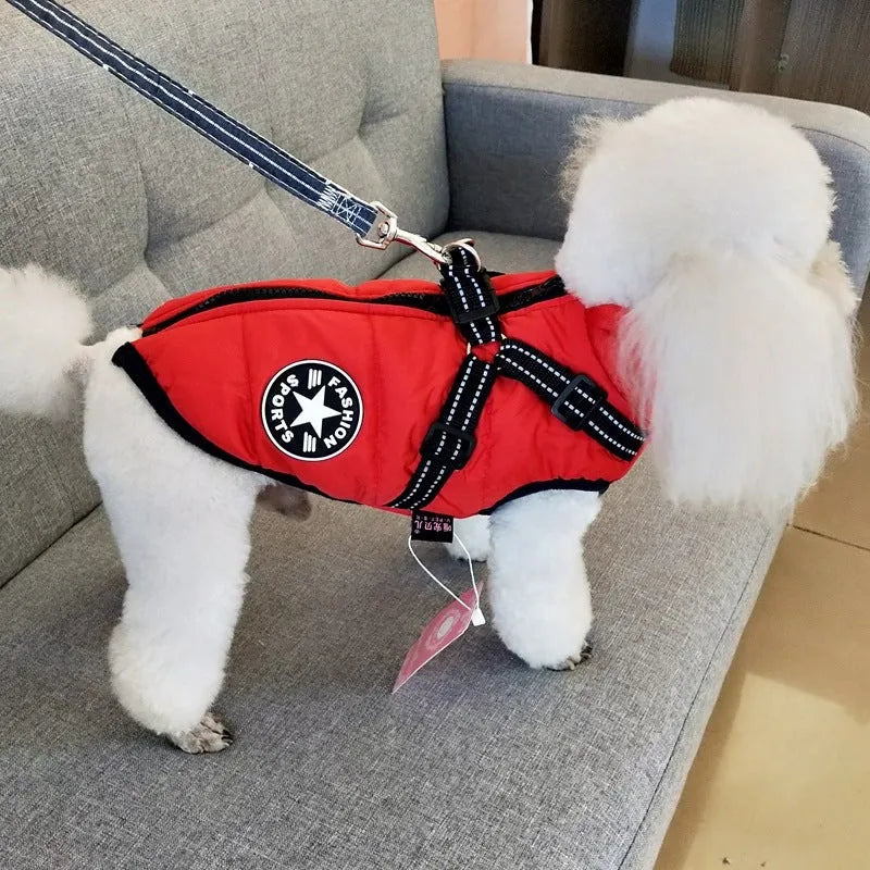 Waterproof dog coat with integrated harness in rain silk fabric, available in multiple colours and sizes