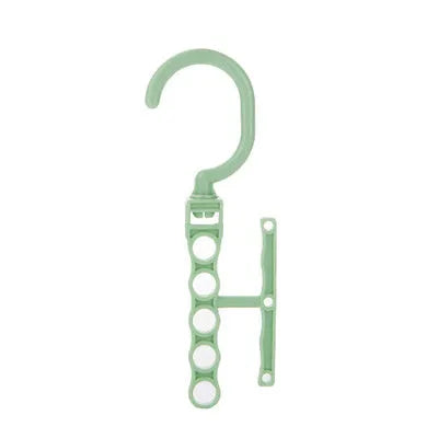 Blue rotating wardrobe hanger with five hooks and handle for clothing organisation