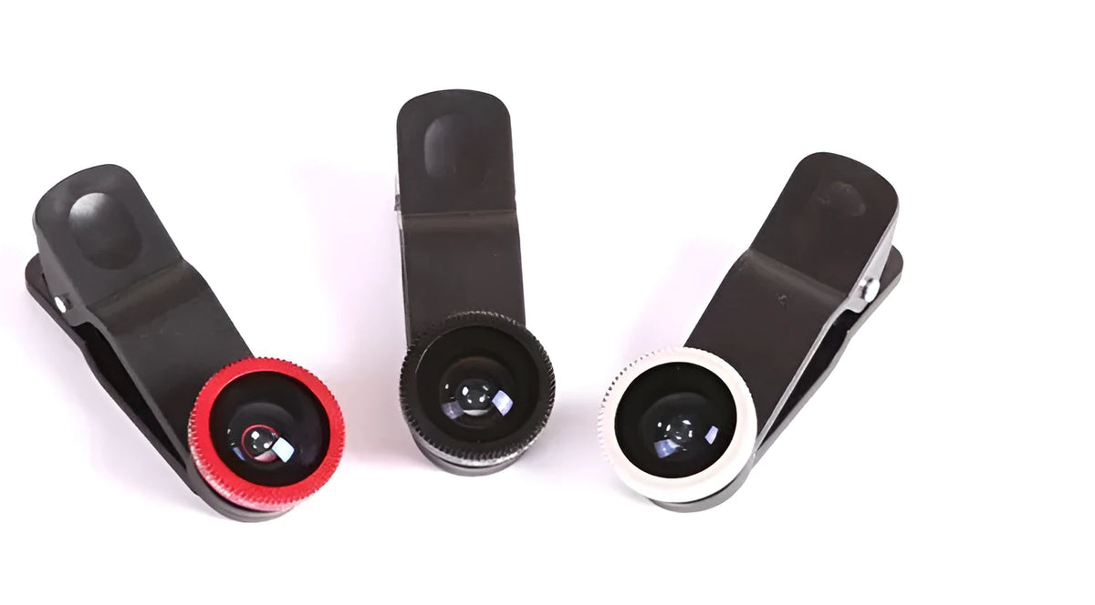 Mini camera lens clip attached to mobile phone with wide-angle, fisheye, and macro lenses