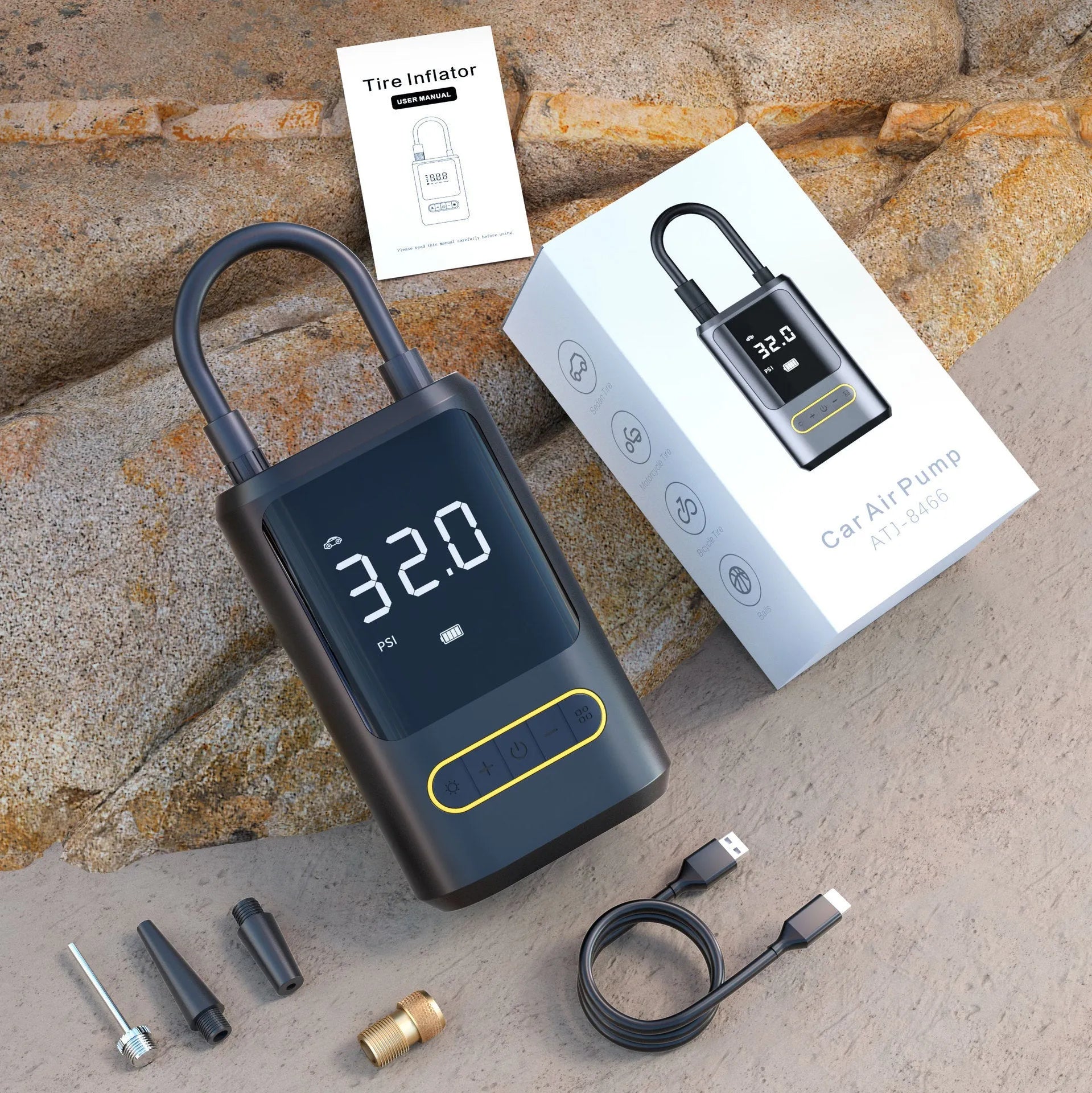 Handheld digital display wireless air pump with LED light for car tyre inflation