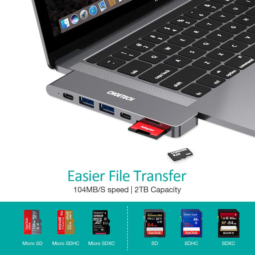 USB-C multi-port adapter with SD and Micro SD card reader slots and Thunderbolt 3 connection