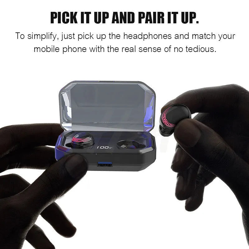 Black X10 wireless Bluetooth earbuds and their rectangular charging case on a white background.
