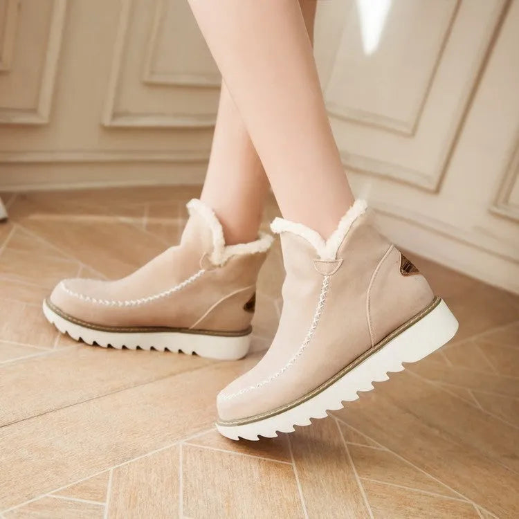 Women's thick cotton snow boots in beige white with artificial fluff lining and non-slip sole