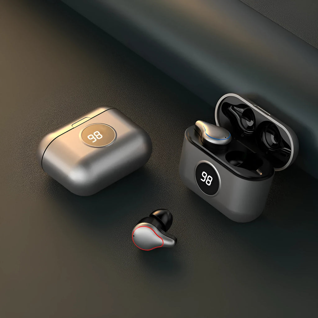 Black and blue wireless Bluetooth in-ear headset with earplug design for hands-free calling
